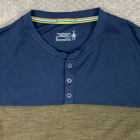 Smartwool Merino Sport 250 Henley Shirt Mens Medium Green Blue Hiking Base Layer - Picture 2 of 10